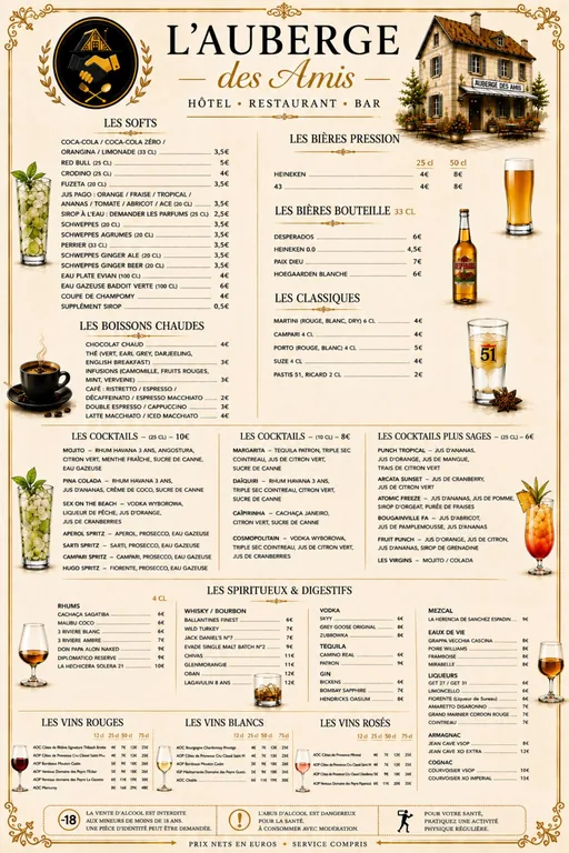 Carte des boissons — L'Auberge des Amis